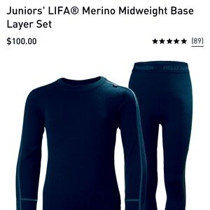 Helly Hansen Juniors' LIFA® Merino Midweight Base Layer Set, Size 12, Navy/Bolt